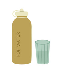 Vector illustration of a bottle for water and glass with water. Hand-drawn illustration in flat style, isolated on white. Concept of a healthy lifestyle, drinking water, zero waste.