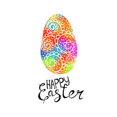 Happy Easter text. Multi-colored postcard. Mixed media. Vector illustration