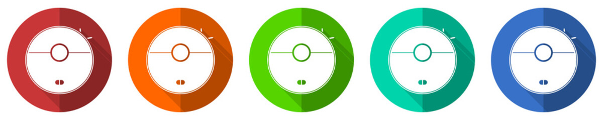 Robot vacuum cleaner icon set, flat design vector illustration in 5 colors options for webdesign and mobile applications