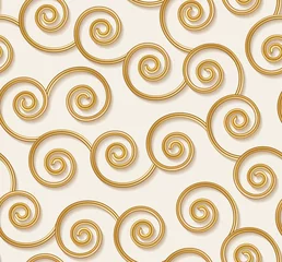 Wall murals Glamour style Curly seamless pattern, 3d gold wavy lines. Vector illustration. Yellow curl luxury elegant background. Fashion swirl golden texture backdrop.