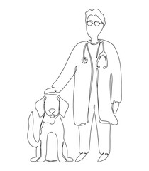 Drawn veterinarian doctor examining and care of sick dog. Pet health care service concept. Continuous line drawing design for banner, flyer, vet clinic, veterinary. Vector illustration one line art.
