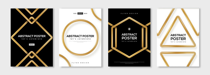 Set of minimal design posters, frame template layout with 3d gold metal shapes, border elements, modern art deco style. Vector illustration. Brochure cover concept, voucher typography template.