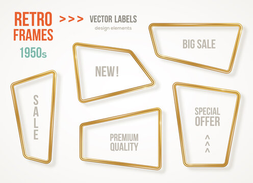 Set of retro 3d golden frames isolated on white background. Vector illustration. Vintage square labels, promotional badges, gold wire rectangle speech bubbles for motivational quotes.