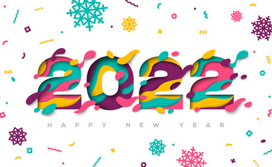 Fototapeta na wymiar Happy New Year 2022 typography design with abstract paper cut shapes and confetti with snowflakes. Vector illustration.