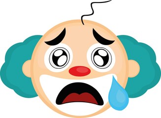 Vector emoticon illustration of the head of a cartoon clown, with a sad expression on his face, crying and a tear in his eye