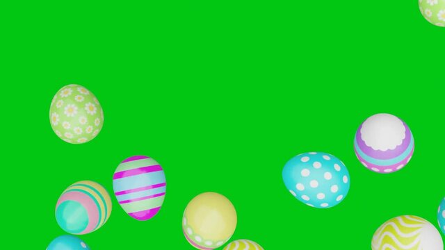 Decorated easter eggs rolling down on a chroma key background. Festive 3D animation