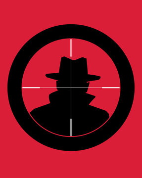 Retro style illustration of man wearing fedora hat and coat in sniper scope. For book covers, posters etc.