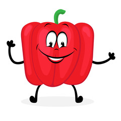 Sweet red pepper, vector cartoon with face, flat pattern, sticker icon. Vegetable for vegetarian food.