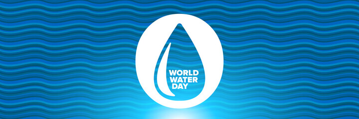 World water day horizontal banner design template. 22 march International water day concept horizontal vector illustration with text and water bubbles on blue water background.