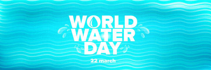 World water day horizontal banner design template. 22 march International water day concept horizontal vector illustration with text and water bubbles on blue water background.