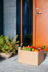 Apartment entrance with delivered box with food