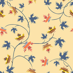 Autumn leaves seamless pattern. Vector background with colorful maple leaf silhouettes on yellow backdrop. Elegant abstract texture. Hand drawn art. Repeat design for tileable print, decor, fabric