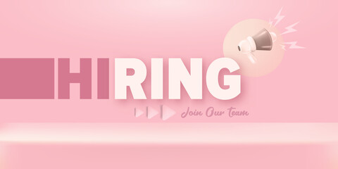 We are hiring an advertising horizontal banner with a megaphone on pastel pink background. Banner with a megaphone for promoting your announcement