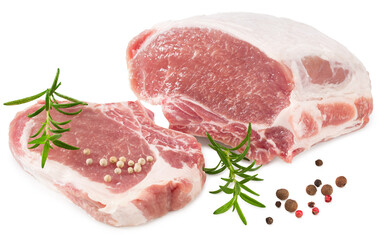 raw pork meat with rosemar, peppercorn and slices isolated on white background. Clipping path and full depth of field