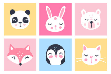 Vector set with cartoon animals - panda, bunny, teddy bear, cat, fox, penguin. Funny series animals. Adorable cute animals.