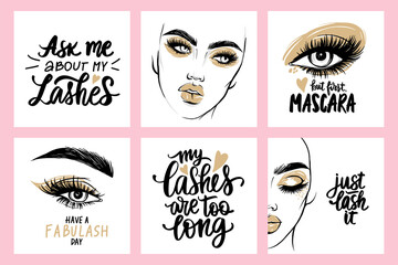 Fashion posters with female portraits, quotes about lashes and mascara. Woman with long Eyelashes. - 421114443