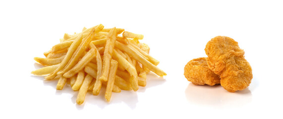 French fries and Chicken nuggets isolated on white background.