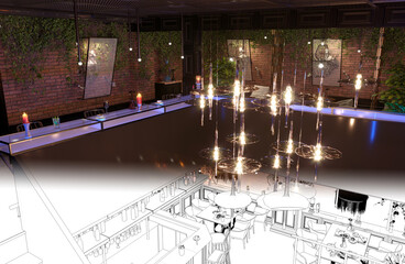 bar counter in a nightclub, interior visualization, 3D illustration