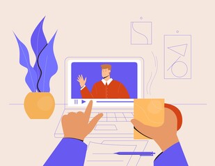 Work from home concept. Laptop screen, workplace. Remote communication on internet. Video conference. Vector illustration in flat style