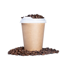 Coffee mug with coffee and coffee beans on a white background