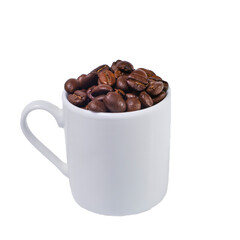 Coffee mug with coffee and coffee beans on a white background