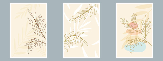 Botanical Wall Art Vector Outline Poster Set. Minimalist Foliage with Abstract Simple Shape.