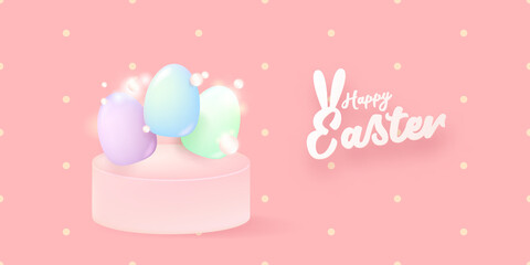 Happy Easter bright pink horizontal banner with soft 3d realistic egg on pastel pink background. Soft clay 3d style happy easter concept vector illustration. Happy easter background