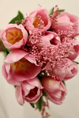 Bouquet of beautiful pink tulips in early spring as a postcard or picture with nice flowers