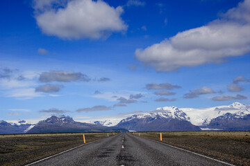 Blue sky over Hringvegur (Route 1) leading towards Vatnajökull glacier, Iceland