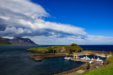 Hafnarhólmi harbour and puffin colony, Eastfjords, Borgarfjördur, Iceland