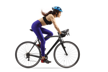 Female athlete riding a bicycle with a helmet