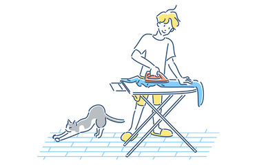 家事をする人物　男性　アイロンがけ　イラスト © Hinageshi