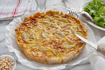 Close-up of a home-made quiche Lorraine