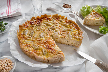 Close-up of a home-made quiche Lorraine