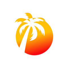 Logotipo con silueta de palmera sobre sol al atardecer en color anaranjado