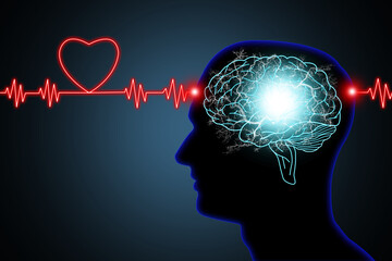 Human brain and nerve or blood vessel concept illustration in silhouette black head and neon red...