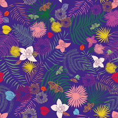 Vector colorful and joyful leaves, butterflies and flowers pattern background