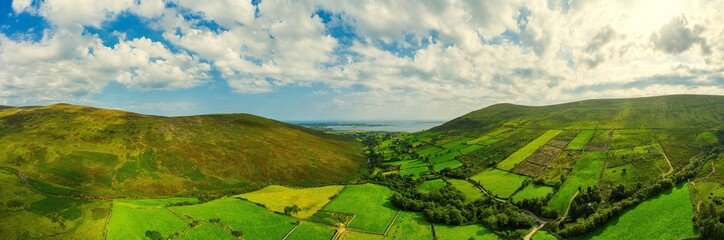 aerial panoramic view of summer countryside sunset, Northern Ireland