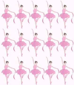 Vector pattern of dancing ballerinas.Prima in tutu skirt, classical ballet costumes and pointe shoes.Graceful pretty young girl.Cute cartoon style vector isolated, white background.Various poses