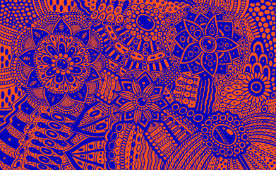 Aboriginal art. Flower ornament with patterns and leaves. Orange and dark blue colors. Boho tribal surreal colorful background. Abstract folk art pattern. Psychedelic art. Vector artwork
