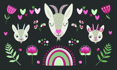 Isolated elements with fairytale characters of goat and kids and elements of flowers, leaves, rainbow, berries and hearts.Great for fabrics, wallpapers, textiles, packaging