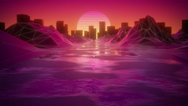 Retro 80s Electric Synthwave Sunset Cityscape Driving Loop Background