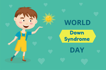 Illustration of World Down Syndrome Day. Horizontal banner with a cute boy in different socks holding the sun in his hands