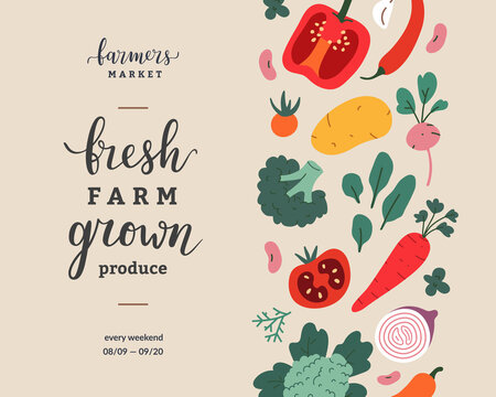Farmers market flyer design, vector template for food fair with lettering and vegetable illustrations, banner with copy space, modern simple design