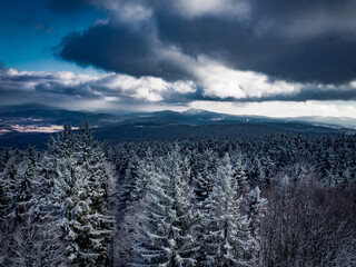 Beautiful view from the watchtower lost in the frozen forest covered in white snow during winter in...