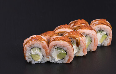 Sushi rolls Roll on black background. Sushi menu. Japanese food