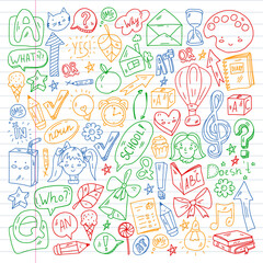 Back to school. Vector illustration with icons about education. English learning. Online internet courses.