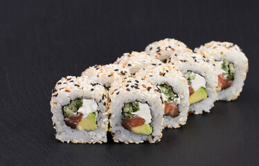 Sushi Rolls Philadelphia Sesame with RICE, SALMON, avocado, cucumber, CREAM CHEESE, SESAME