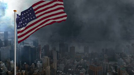 USA flag against storm in big city