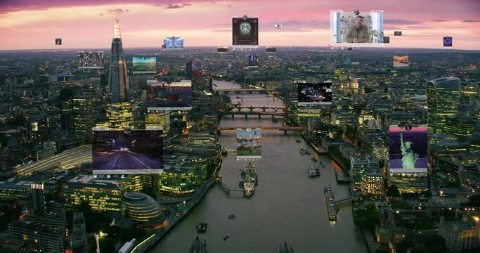 Connected aerial city. Social media posts displaying several videos and images. Mobile technology concept, augmented reality, internet of things. Futuristic city. London skyline England.